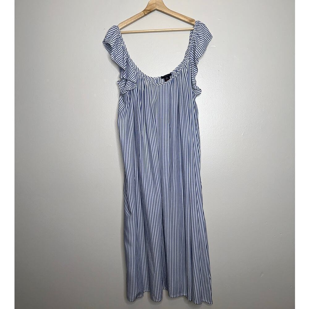 J.Crew Blue White Striped Flutter Sleeve Midi Dress L/XL Boho Coastal Summer - Picture 2 of 7
